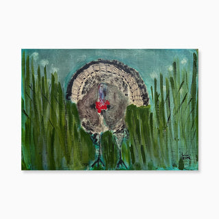 Chunto by Rodolfo de León is a whimsical, beautifully executed acrylic on fabric portrait of a turkey, with a refreshingly vibrant mood.